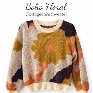 Boho Floral Cottagecore Sweater Knit Spring Pullover w/ over-sized sleeves